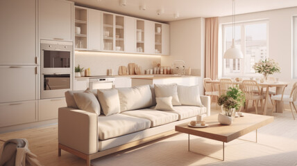 interior design spacious bright studio apartment in Scandinavian style and warm pastel white and beige colors. trendy furniture in the living area and modern details in the kitchen area
