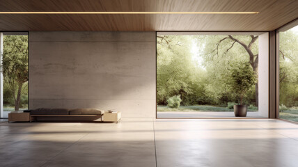 Modern contemporary empty hall with nature view render overlooking the living behind the room  concrete floors, plank ceilings  blank white walls for copy space, sunlight