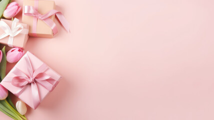 Top view photo of trendy gift boxes with ribbon bows and tulips on isolated pastel pink background with copyspace