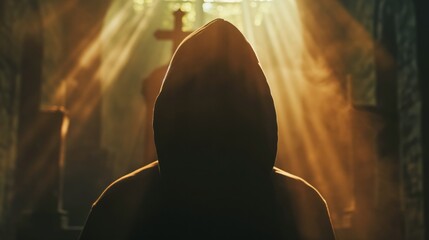 Divine Illumination Silhouette of a Hooded Man in Church, Bathed in Sunlight Backlight