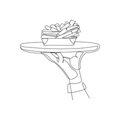 Continuous single line sketch drawing of hand holding food tray french fries potato chips. One line art of junkfood snack complementary food vector illustration