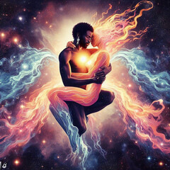 Naklejka premium Twin flame couple. Soulmates. The concept of magical, esoteric, tantric, spiritual love. Connection between souls. Illustration for websites and much more. Created using generative ai tools.