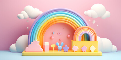  baby product display podium banner with cute rainbow - obrazy, fototapety, plakaty