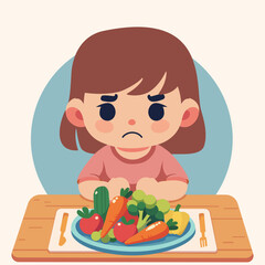 Picky eater concept vector image. Sad unhappy girl doesn't want to eat her  meal