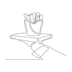 Continuous single line sketch drawing of hand holding food tray french fries potato chips. One line art of junkfood snack complementary food vector illustration