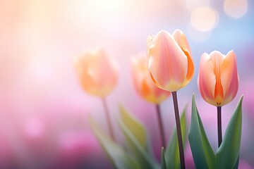 Closeup of blooming tulip flower in spring on pastel bokeh background