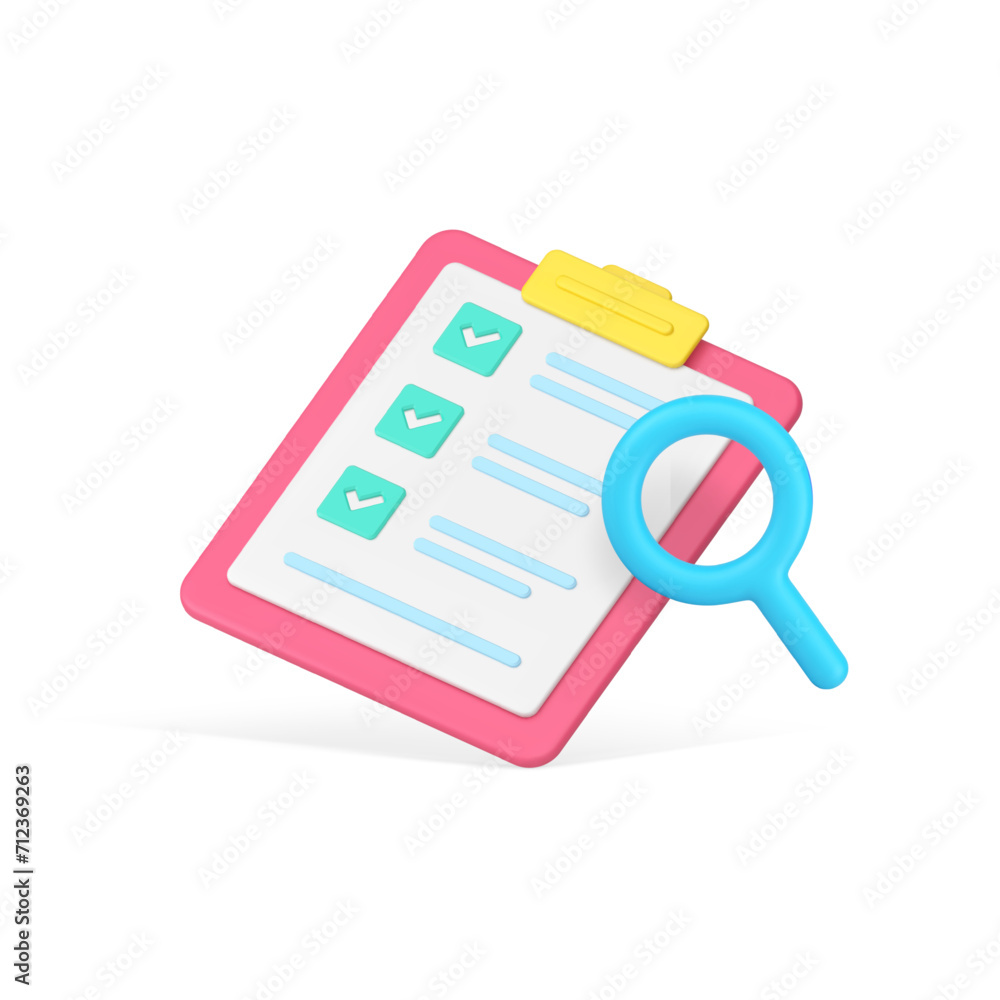 Poster task management time planning to do list checklist control searching 3d icon realistic vector
