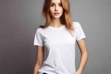 Obraz premium Woman in White Tshirt Mockup created with Generative AI