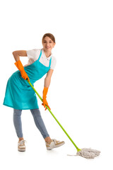 Female janitor mopping floor on white background