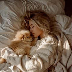 A blonde girl is lying in bed and cuddling with her dog. love for a pet dog concept