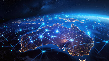 An abstract digital constellation of Australia highlighted with blue network connectivity lines and nodes symbolizing communication and satellite technology.

