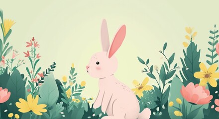 cute Easter bunny on a light background with flowers and plants around. flat illustration