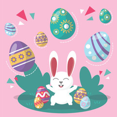 Cute rabbit with easter eggs, Happy Easter bunny, vector illustration.