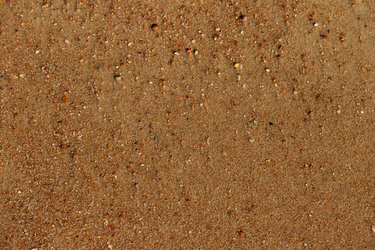 Background, smooth surface of wet brown sea sand with texture and pattern. copy space.