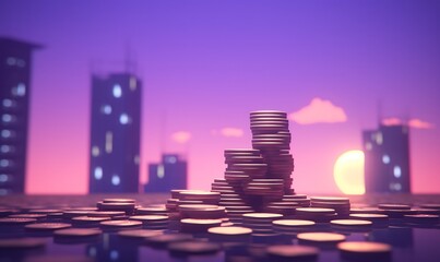 apartament and stack of coins with purple sky background, isometric 3d, octane render. Generative Ai


 - obrazy, fototapety, plakaty