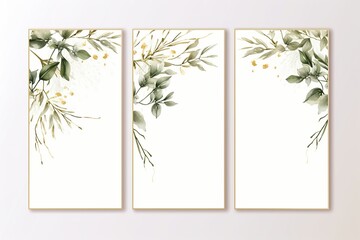 Pre made templates collection, frame - cards with gold and green leaf branches. Wedding ornament concept. Floral poster, invite. Decorative greeting card, invitation design background, birthday party