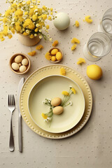 A bright and inviting Easter brunch table adorned with yellow eggs and a bouquet of fluffy yellow flowers, creating a joyful springtime atmosphere.
