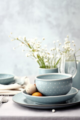 Obraz na płótnie Canvas A soft blue Easter table setting, with a subtle polka-dot motif on the ceramics, paired with the delicate charm of baby's breath flowers, creates a soothing holiday ambiance. 