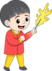 illustration of Chinese New Year celebration, boy is playing with fireworks happily