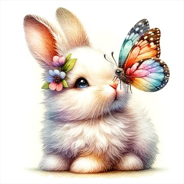 An illustration of an Easter bunny with a butterfly perched on its nose , rendered in watercolor style.