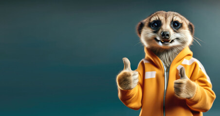 Portrait of a funny happy meerkat in a yellow sweatshirt with a hood, holding two thumbs up as a sign of excellent work or pointing at the camera on an isolated background. Generative AI. - obrazy, fototapety, plakaty