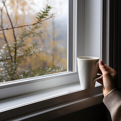 Person drinking coffee or tea while looking out a window isolated on white background, png
