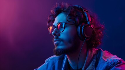 A young guy in glasses and headphones listening to music. with neon pink and blue lights