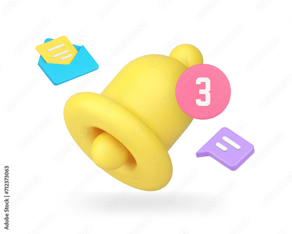 Poster ring bell incoming notification with number for online chat message 3d icon realistic vector