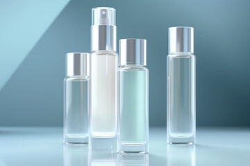 Perfume bottles, perfume bottles. Blue background. Copy space.