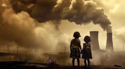 Two little girls looking at a nuclear power plant with smoke coming out. AI generated