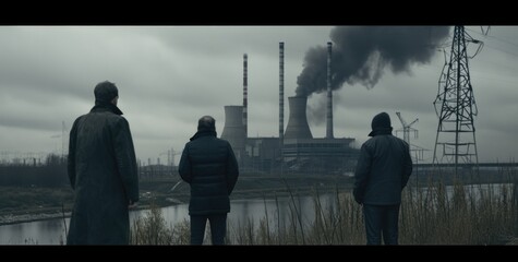 People in front of nuclear power station with smoke. AI generated