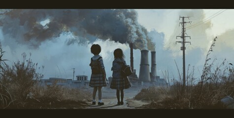 Girl and boy standing in front of industrial chimneys, back view. AI generated