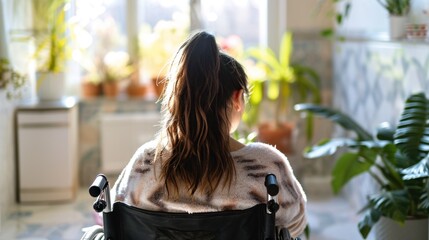 Fototapeta na wymiar Rear view of a young woman in a wheelchair at home. AI generated