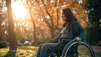 Disabled man sitting in a wheelchair in the park at sunset. AI generated - obrazy, fototapety, plakaty