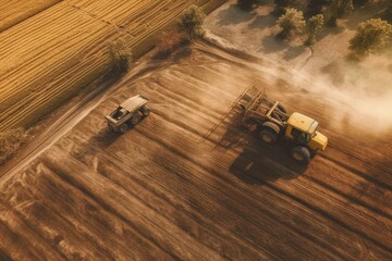Bird's eye view of tractor reaping crops. Generative AI