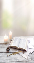Fototapeta na wymiar Bible on white wooden table