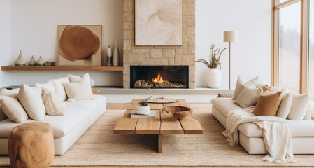 Cozy living room interior in scandinavian style with fireplace, coffee table and sofa. 3d render