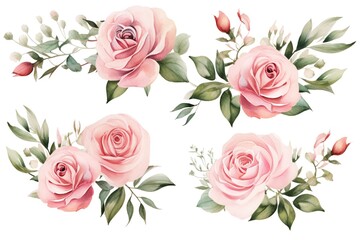 Set watercolor flowers hand painting, floral vintage bouquets with pink roses. Decoration for poster, greeting card, birthday, wedding design. Isolated on white background.