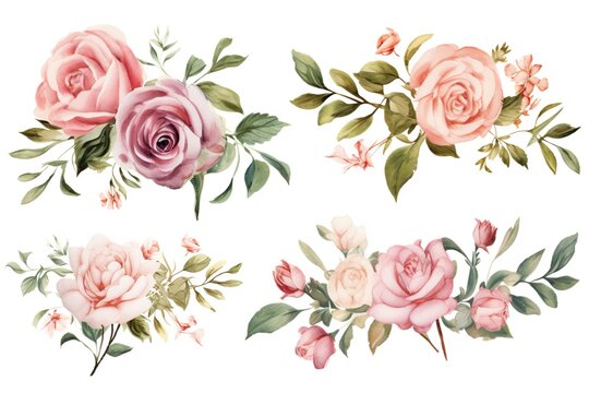 Set watercolor flowers hand painting, floral vintage bouquets with pink roses. Decoration for poster, greeting card, birthday, wedding design. Isolated on white background.