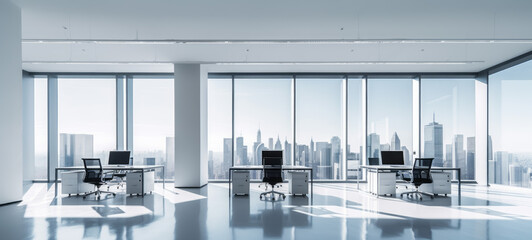 Fototapeta na wymiar Office interior with panoramic city view. 3D Render