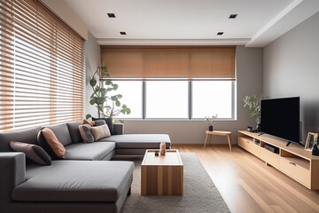 Interior of the living room with a large sofa in brown tones.