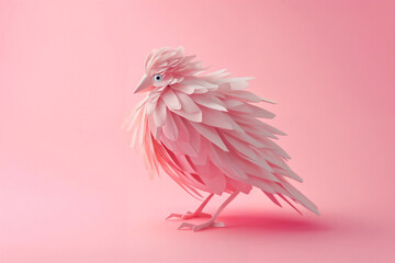 Front view of a delicate pink paper bird with intricate feather details, standing against a soft pink background