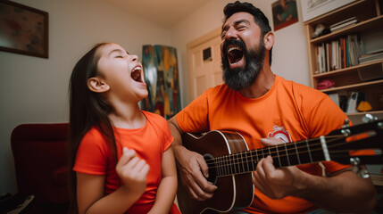 Pai e filha tocando violão e cantando juntos - obrazy, fototapety, plakaty