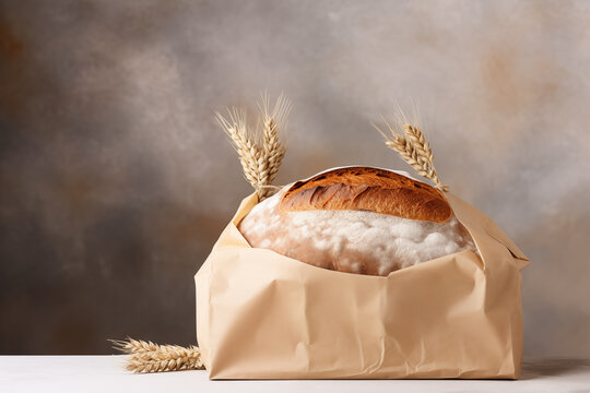 Pão dentro de um saco bege coberto por farinha branca isolado