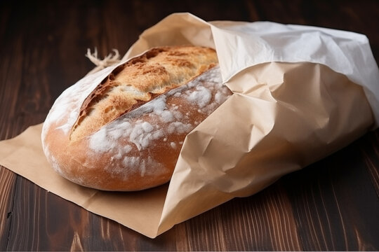 Pão dentro de um saco bege coberto por farinha branca isolado