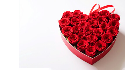Beautiful bouquet of red roses in a heart shaped box on isolated white background - ai generative