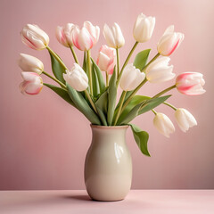 Bouquet of fresh white and pink tulips in vase on pink background. Still life with beautiful spring flowers