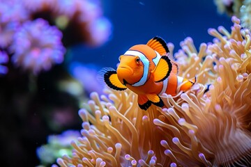 an orange clown fish swimming in a sea anemone.