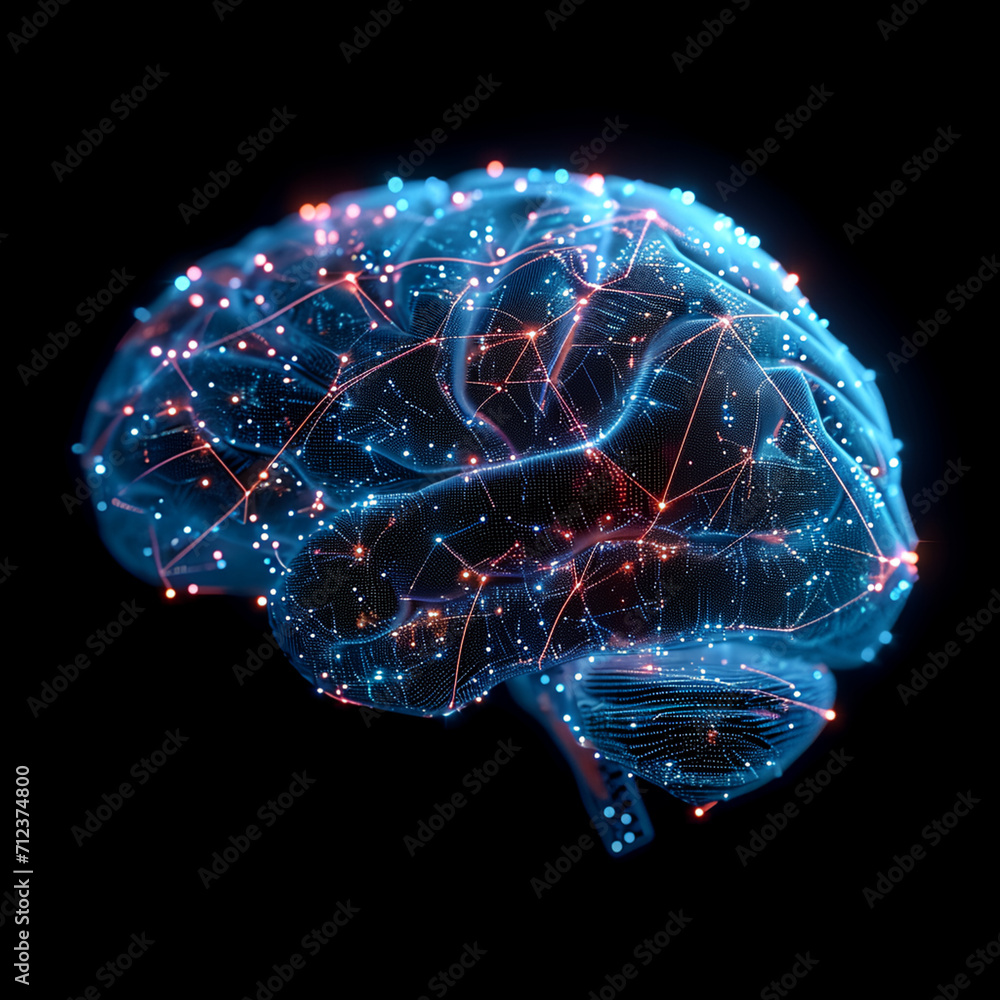 Poster a futuristic bionic human brain with wireframe and digital data flowing, adapting new ai technology 