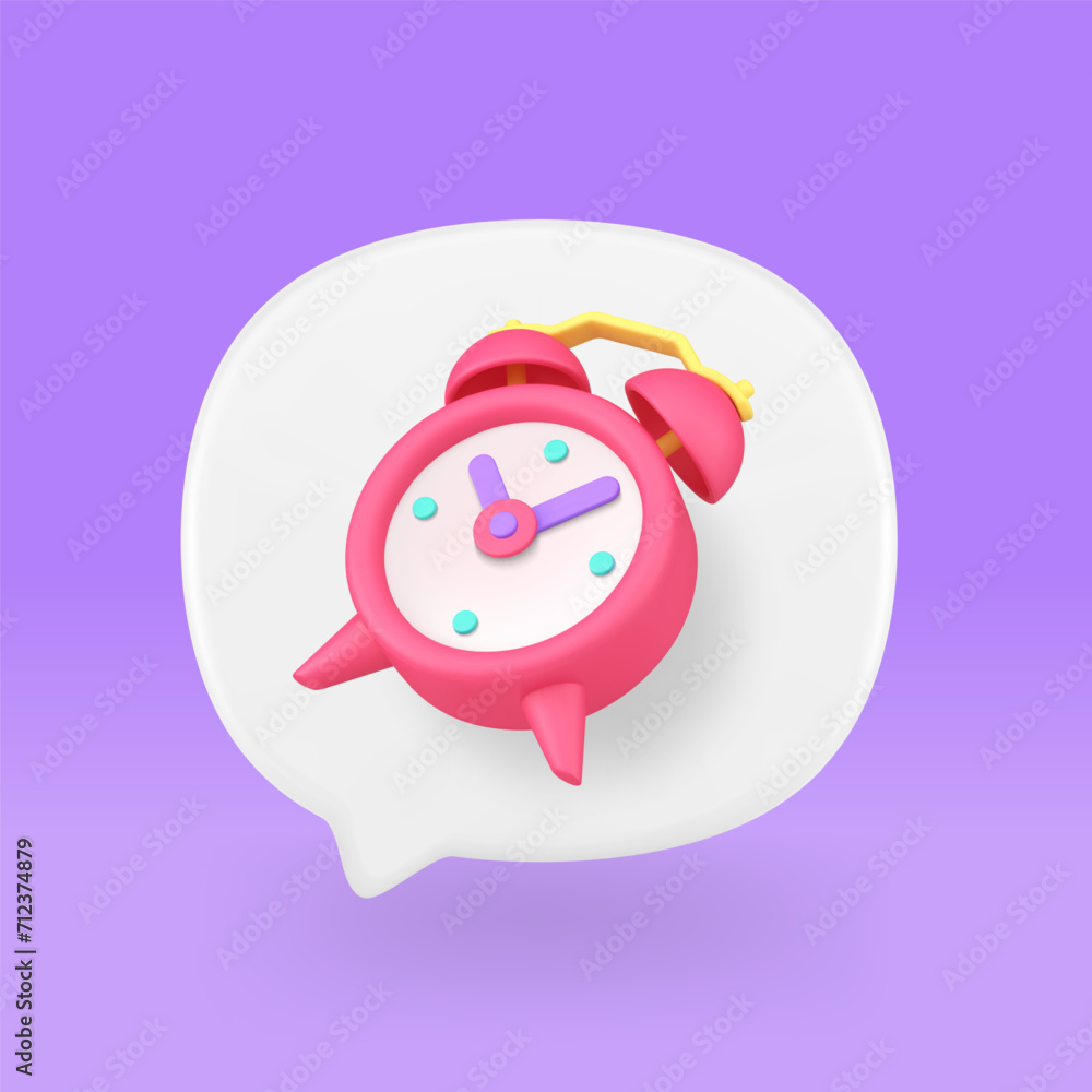 Poster alarm clock notification reminder in speech bubble time checking notice 3d icon realistic vector